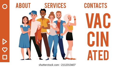 Group Of Young People Received Their Vaccine Shot For COVID Or Flu Disease, Cartoon Vector Website Banner. Diverse Male And Female Vaccination Illustration, Full Body Front View.