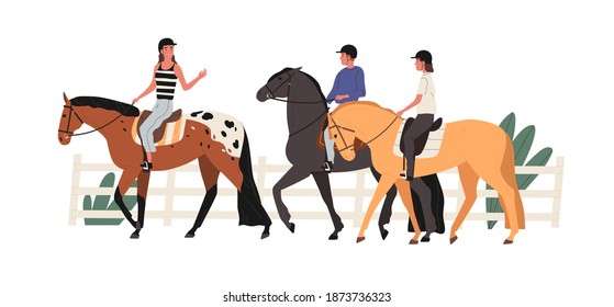 Group of young people riding horse at racecourse. Couple at equestrian school with instructor. Scene of horseriding or jockey training lesson. Flat vector cartoon illustration isolated on white