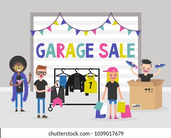 A group of young people selling and buying  things at the garage sale. Fashion. Flat editable vector illustration, clip art