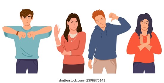 Group of young people showing refusal or negative emotions with gesture. Rejection, thumb down, stop hand signs. Displeased men, women characters disagree, reject with silent arm signal of denial, ban