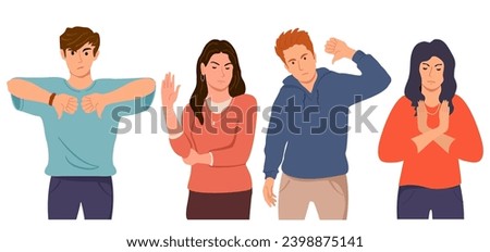 Group of young people showing refusal or negative emotions with gesture. Rejection, thumb down, stop hand signs. Displeased men, women characters disagree, reject with silent arm signal of denial, ban