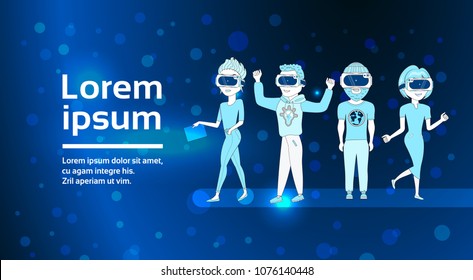 Group Of Young People Silhouette Wearing 3d Virtual Reality Glasses Over Abstract Futuristic Background Modern Vr Technology Concept