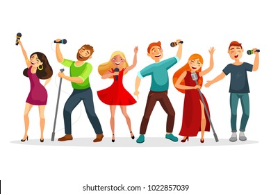 Group of young people singing and dancing with microphones vector illustration in flat design. People collection isolated on white background. Youth in karaoke have fun.