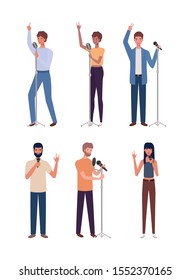 group of young people singing with microphones vector illustration design