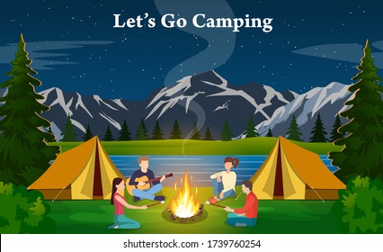 Group of young people are sitting around campfire. Young tourists, campers cartoon characters. Man playing guitar. Vector illustration in flat style