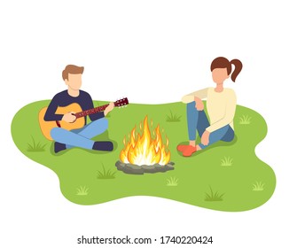 Group of young people are sitting around campfire. Young tourists, campers cartoon characters. Man playing guitar. Vector illustration in flat style