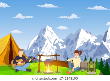 Group of young people are sitting around campfire. Young tourists, campers cartoon characters. Man playing guitar. Vector illustration in flat style