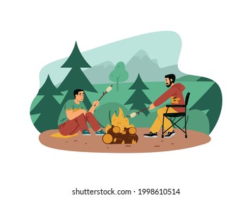 Group of young people sitting around campfire and roasting marshmallows. Summer weekend recreation at campsite, flat vector illustration isolated on white background.