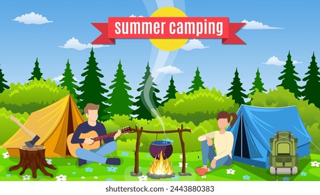 Group of young people are sitting around campfire. Young tourists, campers cartoon characters. Man playing guitar. Vector illustration in flat style