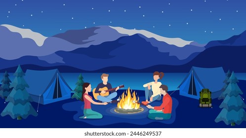 Group of young people are sitting around campfire. Young tourists, campers cartoon characters. Man playing guitar. Vector illustration in flat style