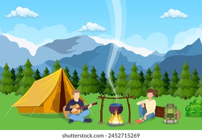 Group of young people are sitting around campfire. Young tourists, campers cartoon characters. Man playing guitar. Vector illustration in flat style