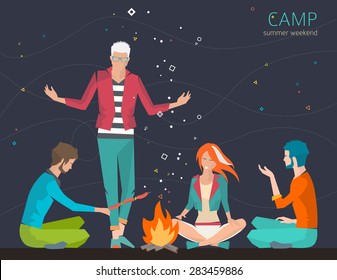Group of young people are sitting around campfire and telling stories. Summer night. Weekend and recreation. Flat vector illustration.