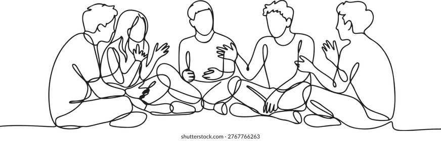 Group of young people sitting on ground together and talking. Friends rest and communicate. Continuous line art drawing stylem. one line Icon drawing
