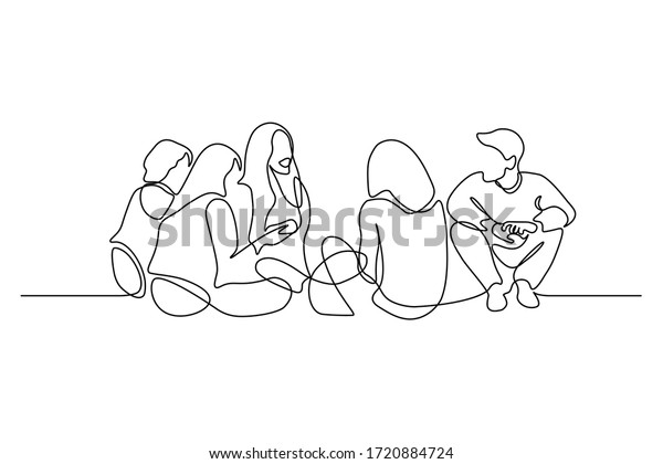 Group of young people sitting on ground\
together and talking. Friends rest and communicate. Continuous line\
art drawing style. Minimalist black linear sketch on white\
background. Vector\
illustration