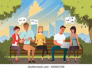 Group of young people sitting in the park  and use different devices. Funny cartoon characters scene. Flat design, vector illustration