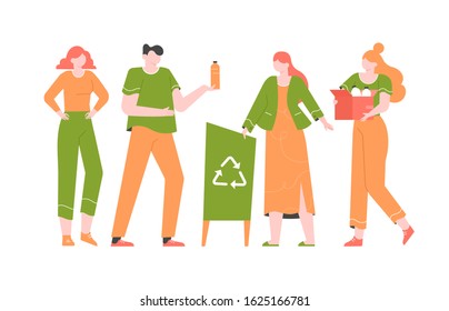 Group of young people sort the trash. Zero waste, a conscious lifestyle, caring for the planet and recycling. Bright colorful vector flat illustration with characters.
