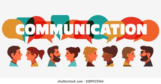 Group of young people speaking together. Male and female faces avatars and the word "communication" with colorful dialog speech bubbles. Communication, teamwork and connection vector concept