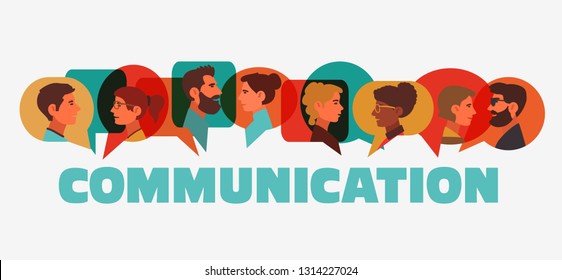 Group of young people speaking together. Male and female faces avatars and the word 'communication' with colorful dialog speech bubbles. Communication, teamwork and connection vector concept
