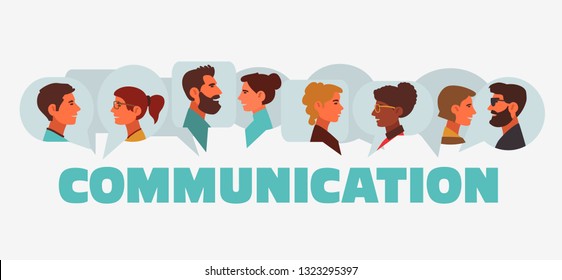 Group of young people speaking together. Male and female faces avatars and the word 'communication' with dialog speech bubbles. Communication, teamwork and connection vector concept