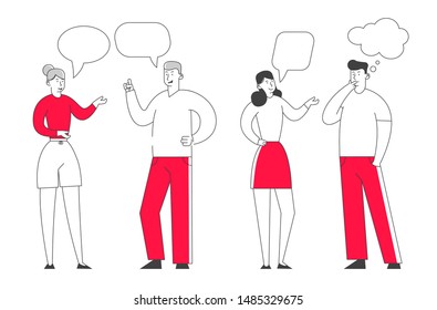 Group of Young People Speaking Together. Male and Female Characters Communication with Dialog Speech Bubbles. Teamwork and Connection Business People Discuss Cartoon Flat Vector Illustration, Line Art