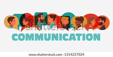 Group of young people speaking together. Male and female faces avatars and the word 'communication' with colorful dialog speech bubbles. Communication, teamwork and connection vector concept