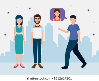 group of young people with speech bubble vector illustration design