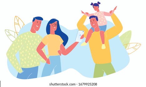 Group of Young People Spend Time Together, Childless Couple in Loving Relations and Father with Little Daughter Sitting on Shoulders, Parenting, Fatherhood, Childhood. Cartoon Flat Vector Illustration