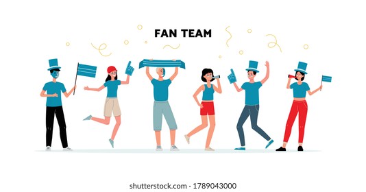 Group of young people the sport or football fans team in blue t-shirts and funny hats holding flags and symbolic, flat vector illustration isolated on white background.