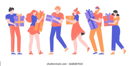 Group of young people is standing with gifts boxes in their hands. Holidays and discounts. Men and women please friends and relatives. Vector flat illustration.