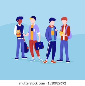 Group of young people, standing together, in different poses. Students, schoolchildren illustration in cartoon style. Set of teens boys. Boys school friends talking to each other at recess, vector.