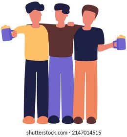 A group of young people standing together, Celebrating holiday and party, holding beer mugs in raised hands, Happy people with smiling, friends forever.