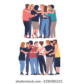 Group of young people standing together and hugging set. Friendship, collaboration and teamwork vector illustration