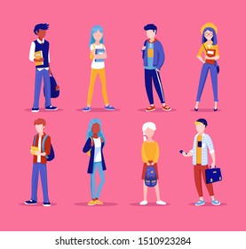 Group of young people, standing together,in different poses. Students, schoolchildren illustration in cartoon style. Set of teenagers. Happy kids in different clothes. Flat vector illustration.
