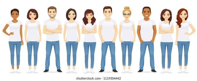 Group Of Young People Standing In White T-shirts Isolated