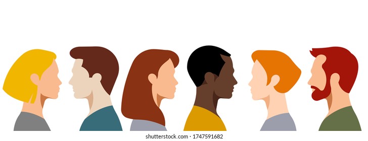 Group young people: students, colleagues, friends, team. Profile silhouette faces women and men. 