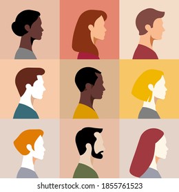 Group young people: students, colleagues, friends, team. Profile silhouette faces women and men. 