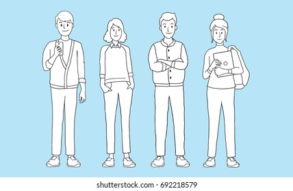 Group of young people students with gadgets on a blue background. isolated vector illustration outline hand drawn cartoon design character.