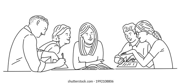 Group of young people, students working together sit at the table. Education concept. Hand drawn vector illustration.