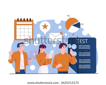 Group of young people studying with gadgets and documents, surrounded by test elements, charts, and calendar on abstract blue background. Concept of education. Vector illustration