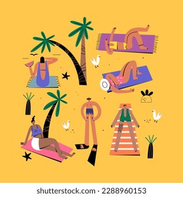 Group of young people sunbathing on the beach.  Characters of people, seagulls and palm trees. Color flat vector illustration