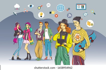A group of young people are surrounded by communication icons in a social network. Online chat, online instant messaging or information sharing. Vector illustration.