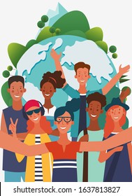 Group of young people taking a selfie and laughing. Eco friendly ecology concept. Nature conservation vector illustration. Holidays time, vacation, recreation and travel vector design