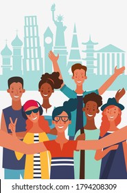 Group of young people taking a selfie and laughing in front of famous landmarks.  Holiday vacation travel and adventure concept, vector illustration.  Communication, teamwork and connection concept 