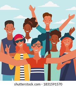 Group of young people taking a selfie and laughing. Eco friendly ecology concept. Nature conservation vector illustration. Holidays time, vacation, recreation and travel vector design