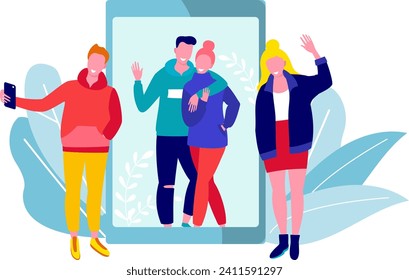 Group of young people taking selfie, smartphone photo, casual clothing. Friends having fun, technology and lifestyle concept. Social media connection, sharing moments vector illustration.