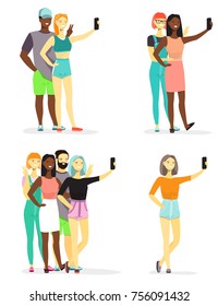 Group of young people taking selfie using smart phone vector flat style design illustration isolated on white background.