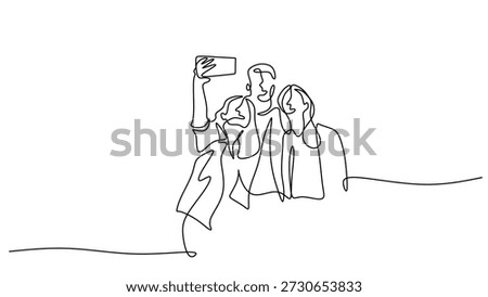 Group of young people taking selfie line art illustration. Friendship and fun social moments concept vector illustration.