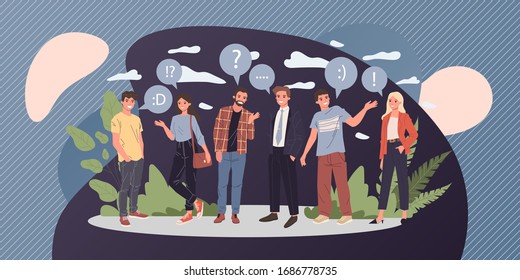Group of young people talking vector illustration. Social networks, dialog and conversation concept. Men and women asking, answering questions with speech bubbles
