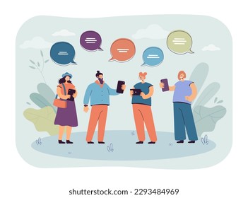 Grupo de jóvenes hablando a través de la ilustración vectorial de los teléfonos. Dibujo de caricaturas de hombres y mujeres charlando usando aplicaciones móviles. Comunicación en línea o digital, amistad, concepto de tecnología