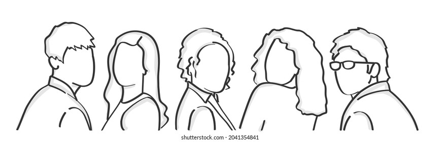 Grupo de jóvenes. Concepto de trabajo en equipo. Ilustración vectorial dibujada a mano. Blanco y negro.